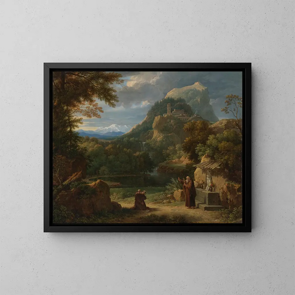 Saint Antoine de Padoue-maleri med to novicer til brødre i et bjergrigt landskab - François-Xavier Fabre — indrammet kunstværk på væggen