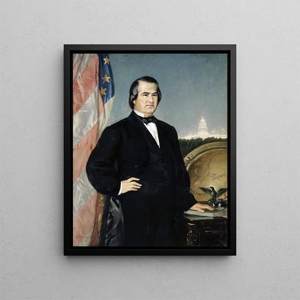Portrait af den amerikanske præsident Andrew Johnson - Frank Buchser — indrammet kunstværk på væggen