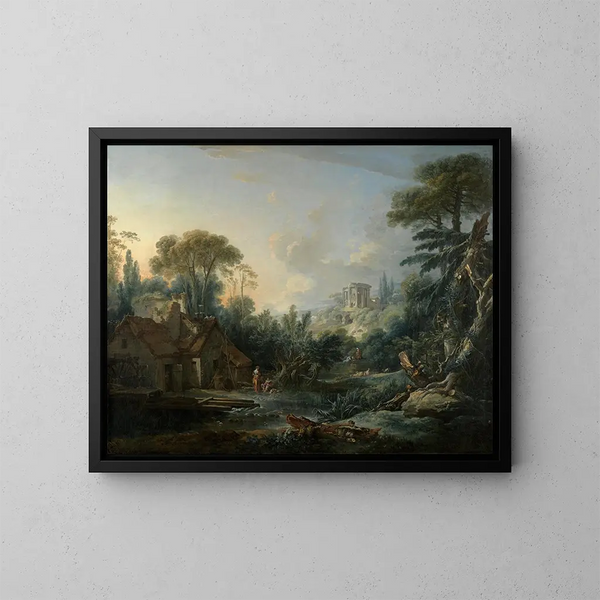 Landskabsmaleri med en vandmølle - François Boucher — indrammet kunstværk på væggen
