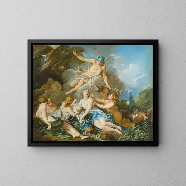 Mercure, der betror barnet Bacchus til Nymferne - François Boucher — indrammet kunstværk på væggen