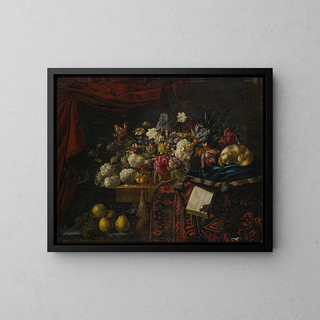 Franois Habert - A still life of flowers set on a table with a carpet a music book and a dog seated on a pillow.webp