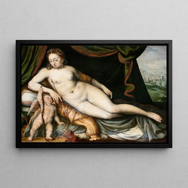 Vénus og Cupidon - Frans Floris — indrammet kunstværk på væggen