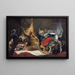 naturtro med vildt, en abe, en papegøje og en hund - Frans Snyders — indrammet kunstværk på væggen