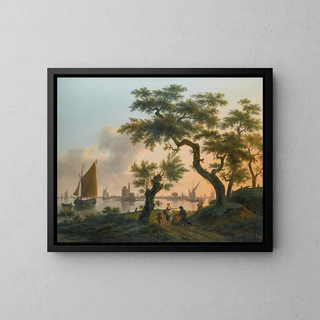 Frans Swagers - Landscape with an estuary with shipping on the water and figures on the path in the foreground.webp