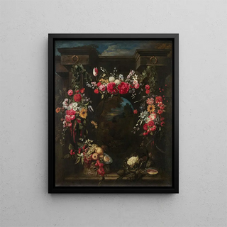 Frans Ykens - Guirlande de fleurs fruits et lgumes entourant un paysage avec un dieu fleuve.webp