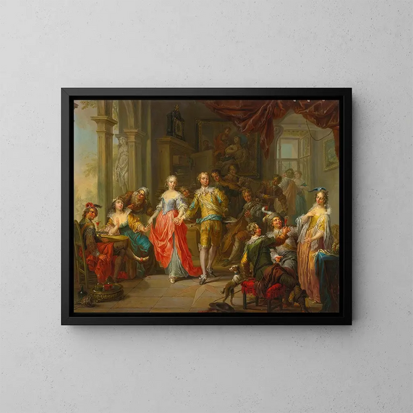 Et elegant selskab med figurer, der spiller musikinstrumenter og holder fest indendørs - Franz Christoph Janneck — indrammet kunstværk på væggen
