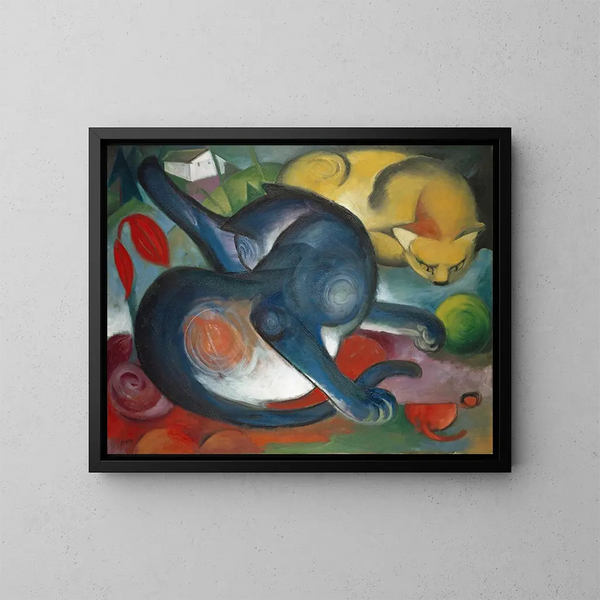 to katte blå og gul - Franz Marc — indrammet kunstværk på væggen