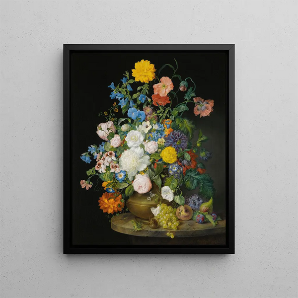 Franz Xaver Petter - A Vase Of Camellias Geraniums Dahlias A White Peony Roses Poppies And Other Flowers With Fruit On A Stone Ledge.webp