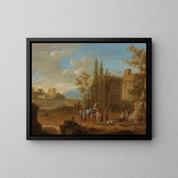 Franz de Paula Ferg - A landscape with travellers near Roman ruins.webp