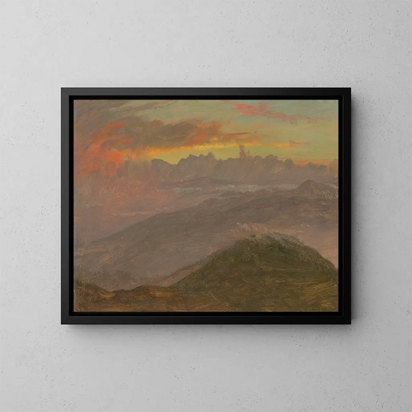 Solnedgang og bjerge - Frederic Edwin Church — indrammet kunstværk på væggen