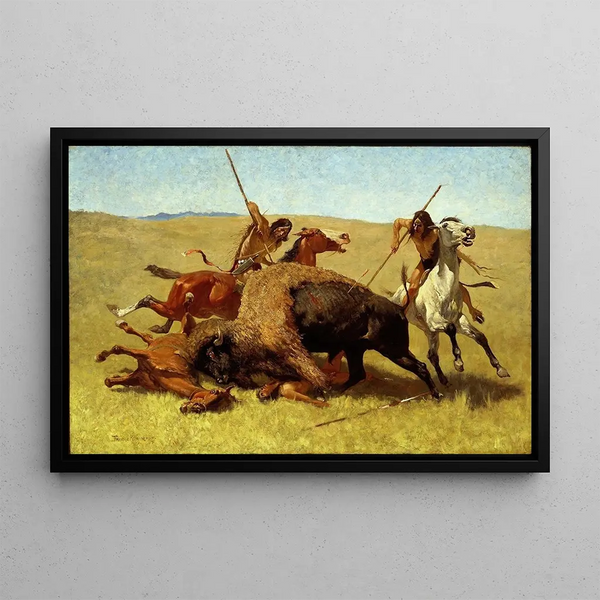 La chasse au bison - Frederic Remington — indrammet kunstværk på væggen