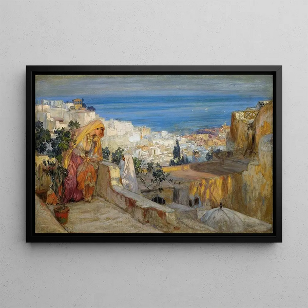 Kvinder arabere på et tag med Alger i det fjerne - Frederick Arthur Bridgman — indrammet kunstværk på væggen
