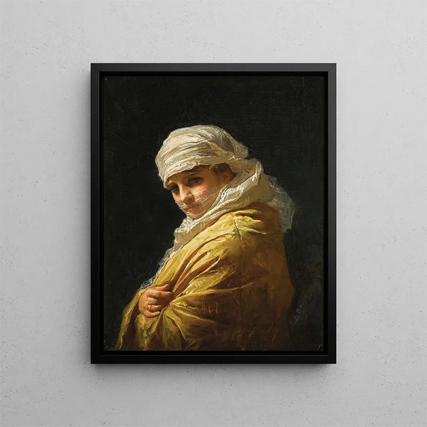 Unge kvinde med hvid turban - Frederick Arthur Bridgman — indrammet kunstværk på væggen
