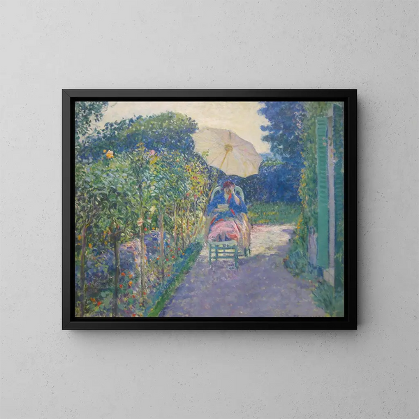 Kvinde siddende i en have - Frederick Carl Frieseke — indrammet kunstværk på væggen