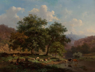 Frederik Marinus Kruseman - A summer landscape with figures resting with their flock beside a river where cattle are watering.webp