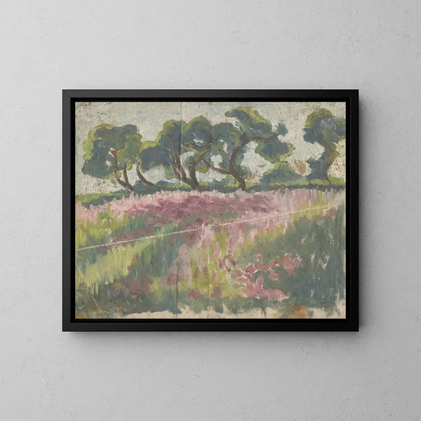 Prairie en fleurs med træer - Frida Konstantin — indrammet kunstværk på væggen