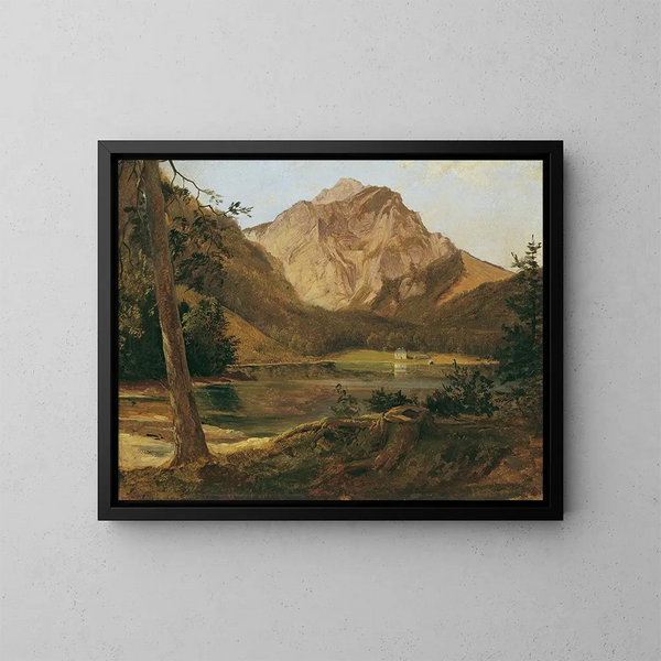 Le lake Langbathsee før med Höllengebirge-massivet - Friedrich August Matthias Gauermann — indrammet kunstværk på væggen