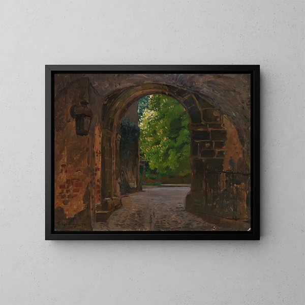 Porte de la ville, entrée du château de Wiesenburg en Marche - Friedrich Kallmorgen — indrammet kunstværk på væggen