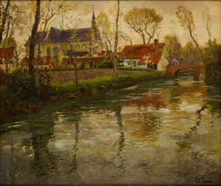 Et flodlandskab med en kirke i det fjerne - Frits Thaulow — visning af kunstværket