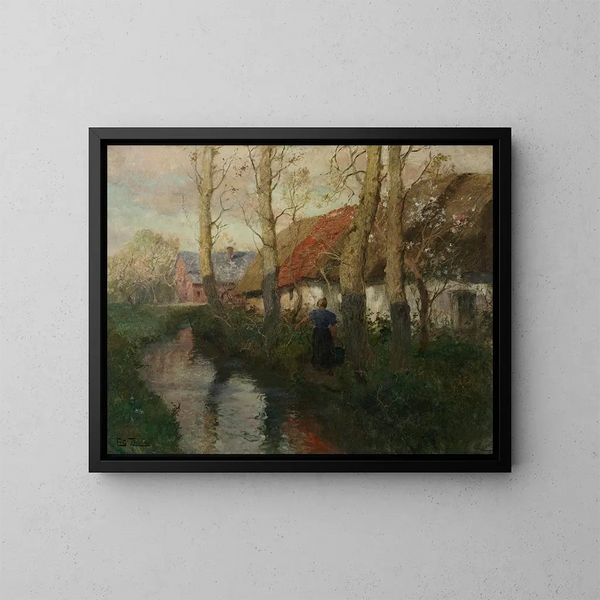 En flod i Normandiet med en kvinde, der bærer vand - Frits Thaulow — indrammet kunstværk på væggen