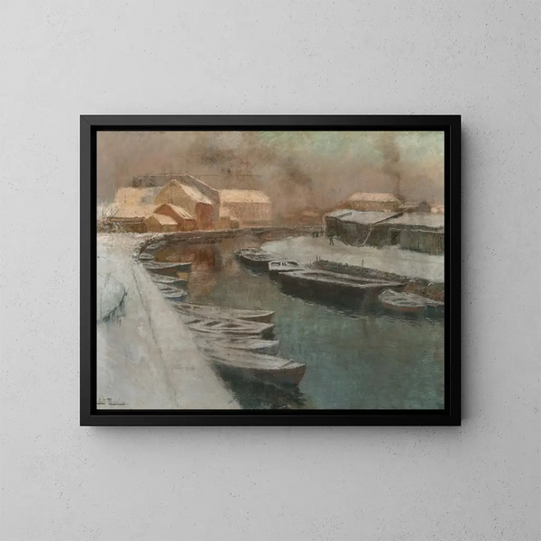Canal i vinterlandskab - Frits Thaulow — indrammet kunstværk på væggen