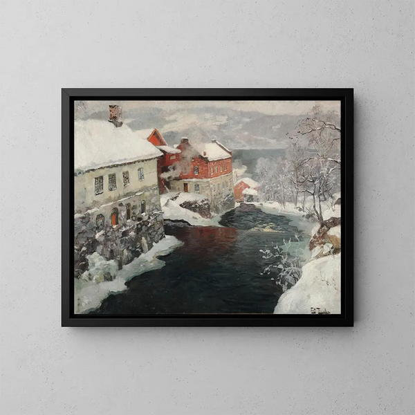 Fabriques i Norge, de to møller ved floden Mesma - Frits Thaulow — indrammet kunstværk på væggen
