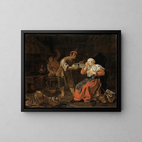 Ældre kvinde i en lænestol med snak - Gabriel Metsu — indrammet kunstværk på væggen