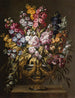En par af blomster stilleben i gyldne urner, hver på en stenpiedestal - Gabriel de la Corte — visning af kunstværket