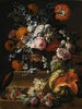 Naturstilleben med stokrose, nelliker og forskellige blomster i en vase på en sokkel med en melon, kirsebær, druer og blommer på en kant - Gaspar Peeter Verbruggen den Yngre — visning af kunstværket