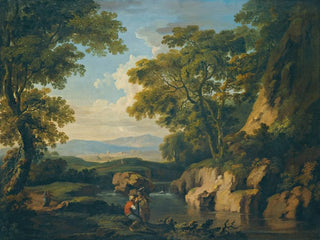 George Barret - A Mountainous Wooded Landscape With Figures By A River In The Foreground.webp