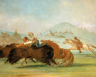 Baptiste og mig løbende ved munden på bøflen i Yellowstone - George Catlin — visning af kunstværket