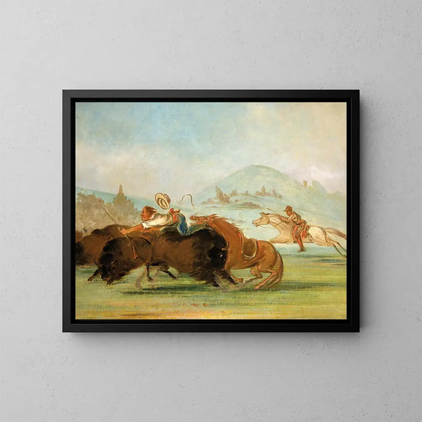 Baptiste og mig løbende ved munden på bøflen i Yellowstone - George Catlin — indrammet kunstværk på væggen