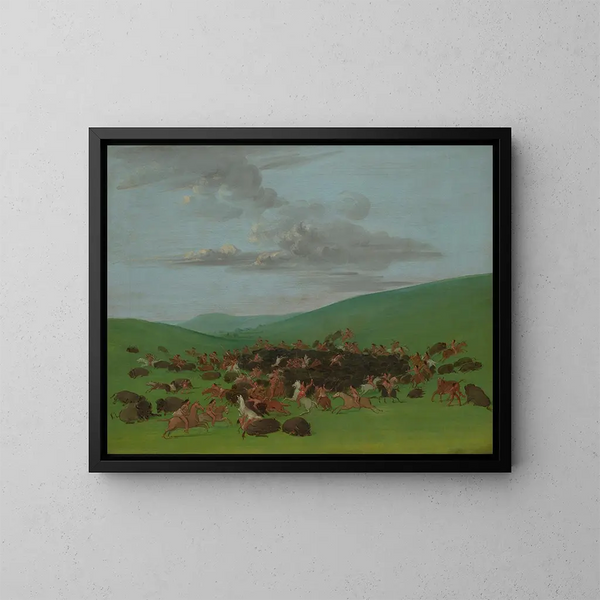 Jagt på bison omgivet af Hidatsa - George Catlin — indrammet kunstværk på væggen