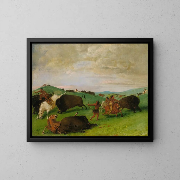 La chasse au buffle: de tyre i kamp med mænd og heste - George Catlin — indrammet kunstværk på væggen