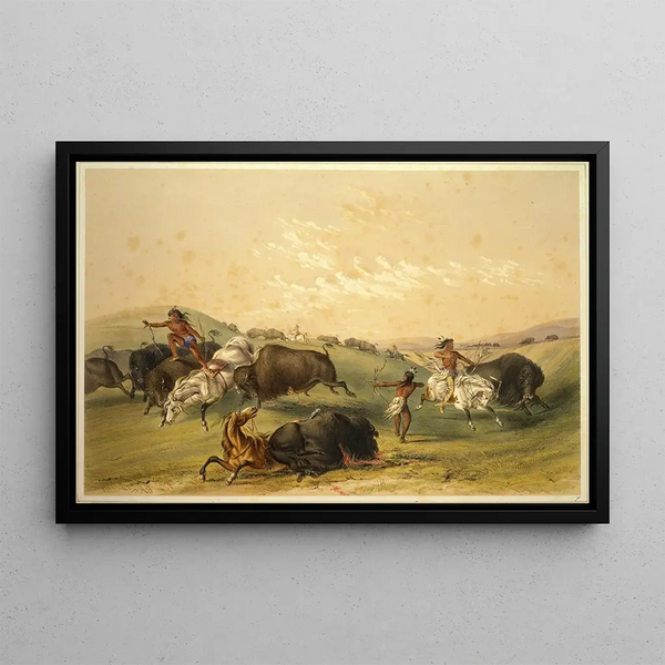 Jagt på bison, en stor gruppe - George Catlin — indrammet kunstværk på væggen
