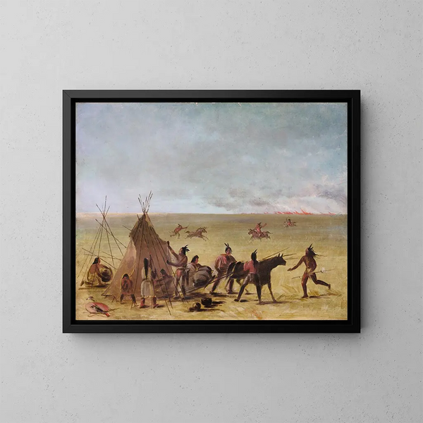 Familieindianer Maleri, bekymret over en græsbrand - George Catlin — indrammet kunstværk på væggen