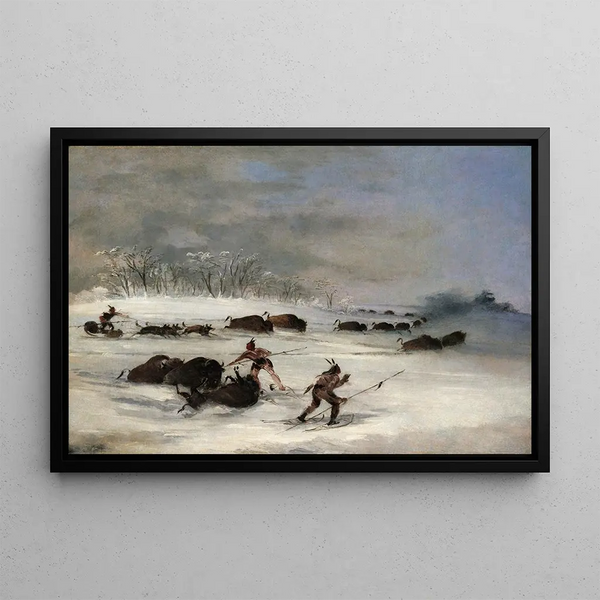 Sioux-indianer på ski, der jager bison - George Catlin — indrammet kunstværk på væggen