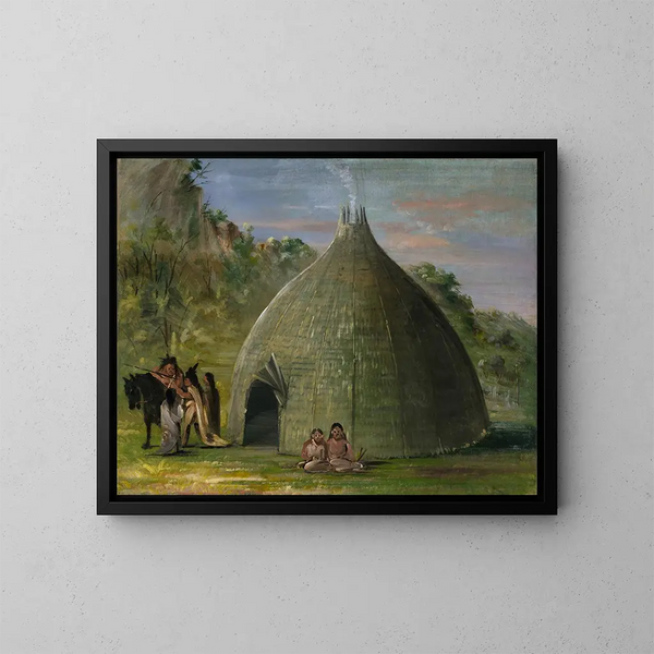 Lodge de Wichita couvert de prairie - George Catlin — indrammet kunstværk på væggen