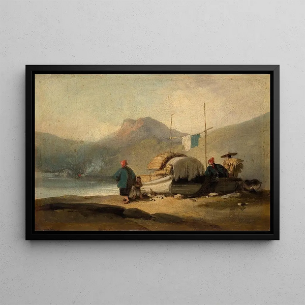 Scène chinoise bateaux près du lac - George Chinnery — indrammet kunstværk på væggen