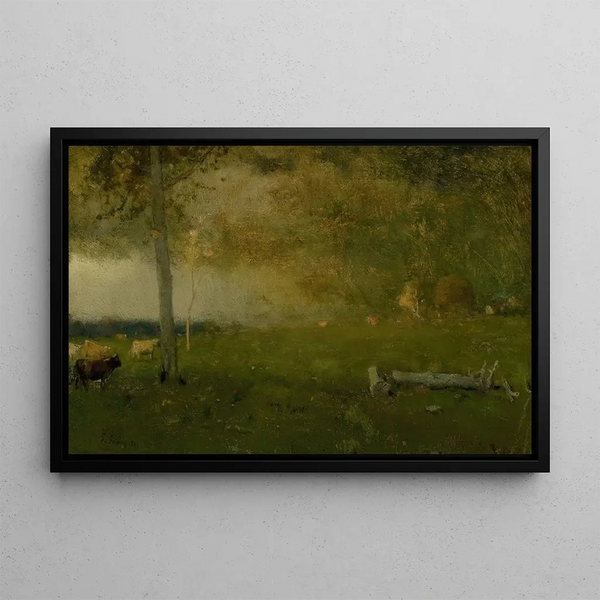 Landskabsmaleri med kvæg i stormen - George Inness — indrammet kunstværk på væggen