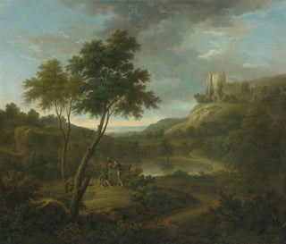 Caprice med et klassisk sarkofag og muligvis Beeston Castle, Cheshire - George Lambert — visning af kunstværket