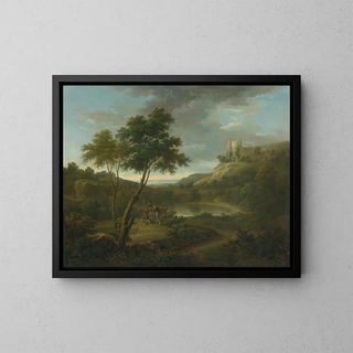 Caprice med et klassisk sarkofag og muligvis Beeston Castle, Cheshire - George Lambert — indrammet kunstværk på væggen