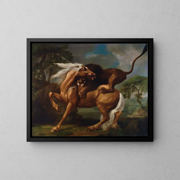 En løve, der angriber en hest - George Stubbs — indrammet kunstværk på væggen