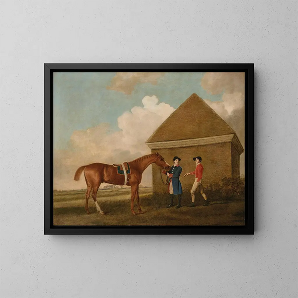 Eklipse i Newmarket med en hestepasser og en jockey - George Stubbs — indrammet kunstværk på væggen
