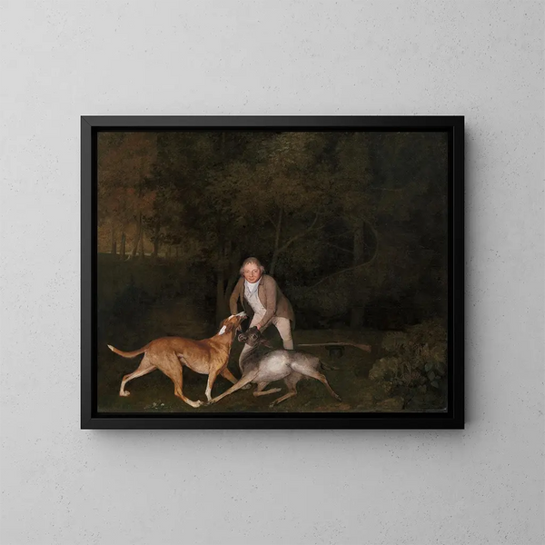"Le garde-chasse de l'earl de Clarendon med en døende hjort og en hund" - George Stubbs — indrammet kunstværk på væggen