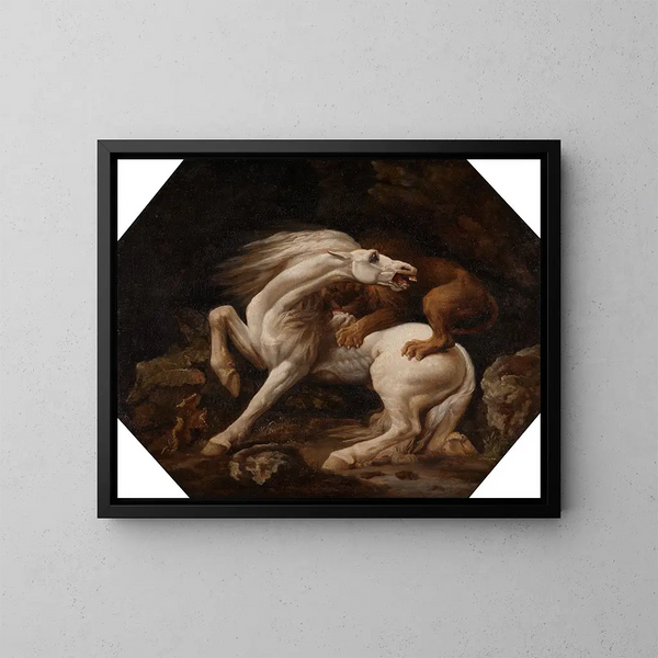 en hest angrebet af en løve - George Stubbs — indrammet kunstværk på væggen