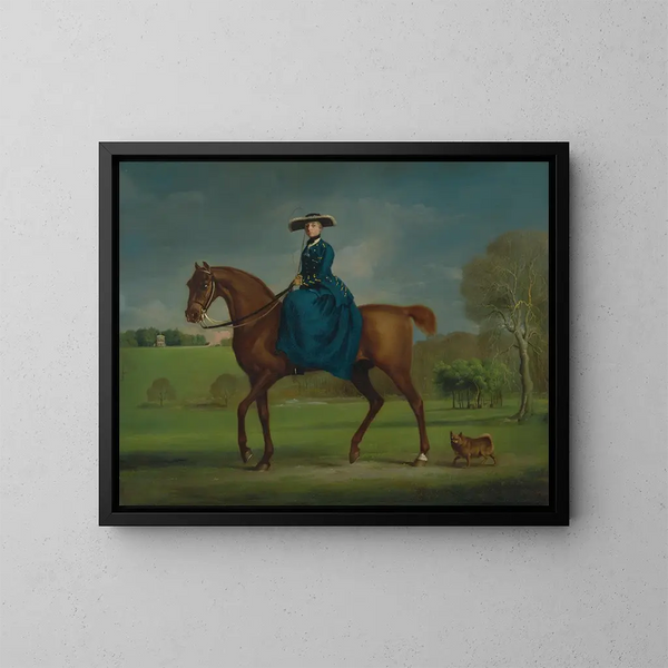 La comtesse de Coningsby i jagtklæder fra Charlton - George Stubbs — indrammet kunstværk på væggen