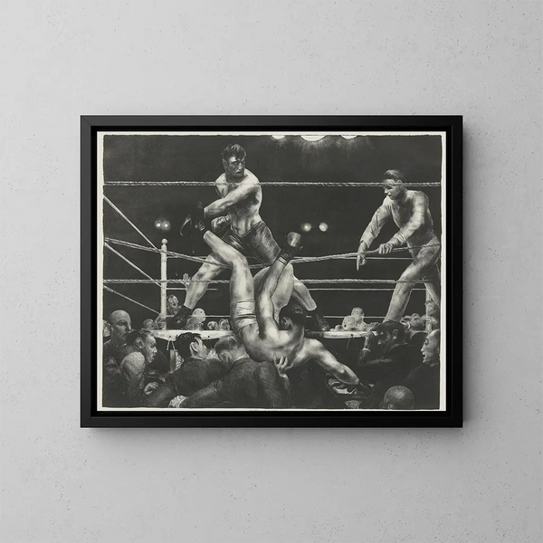 Dempsey og Firpo - George Wesley Bellows — indrammet kunstværk på væggen