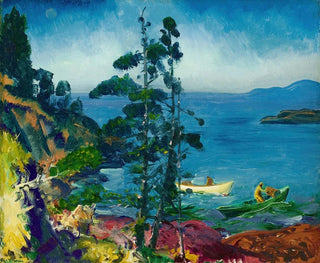 Blåt maleri af aften, der tager sig af hummerkasserne tidligt om morgenen - George Wesley Bellows — visning af kunstværket