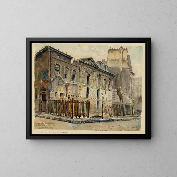 Georges-Henri Manesse | Maleri af den første dag for nedrivningen af butikken Sel, 6 rue Saint-Germain de l'Auxerrois — indrammet kunstværk på væggen